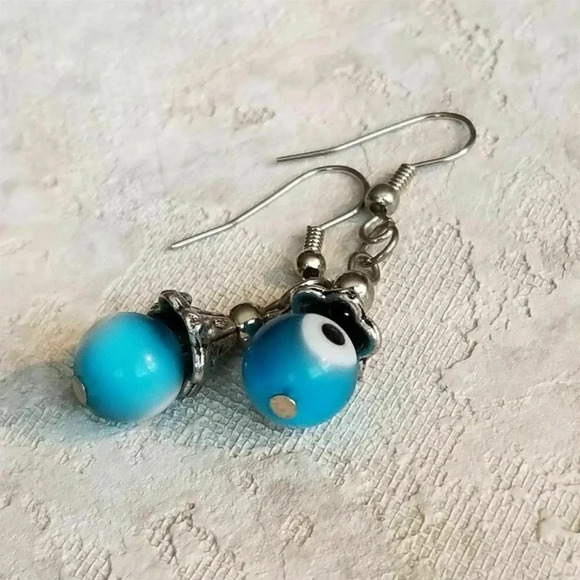 Handmade Evil Eye Turquoise Talisman Earrings - Picture 1 of 5